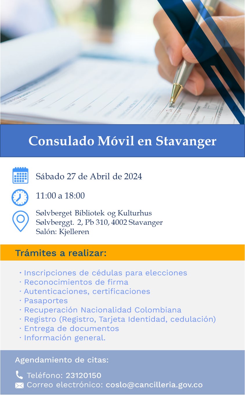 Consulado de Colombia vuelve a Stavanger el 27 de abril de 2024