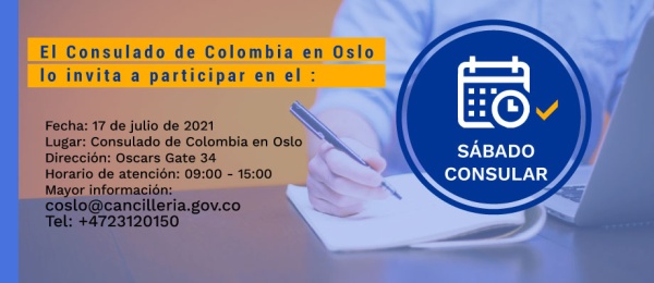 El Consulado de Colombia en Oslo invita a una jornada de sábado consular el 17 de julio de 2021